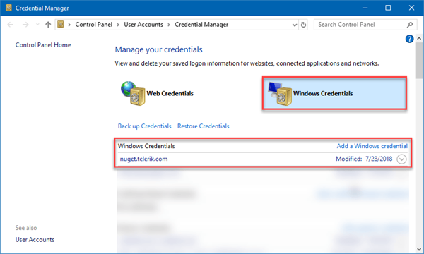 Credentials Manager interface with Windows credentials selected and Telerik list item visible.