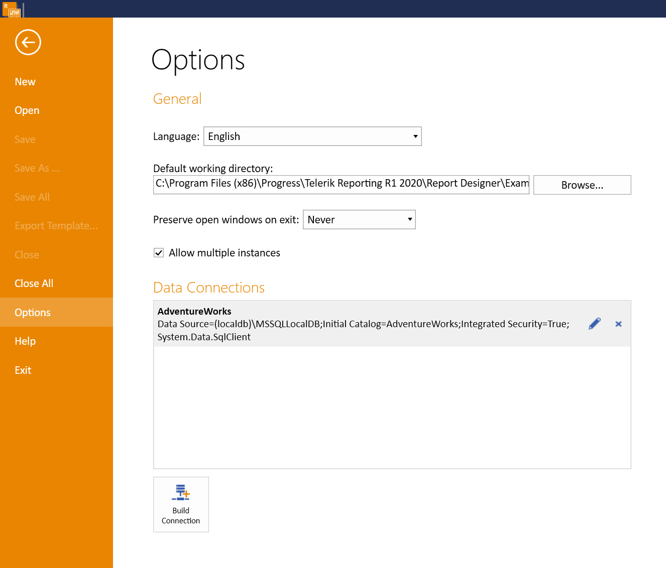 Standalone Report Designer Options Screen