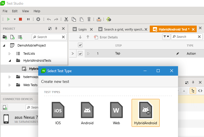 Android hybrid app support Test Studio