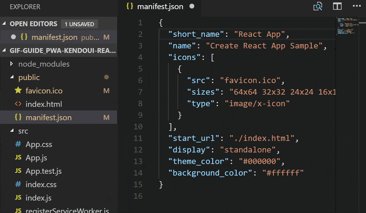 a gif of coding the manifest.json file