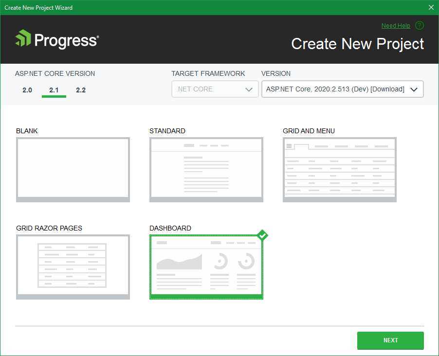 Telerik UI for ASP.NET Core VS Project Dashboard Template