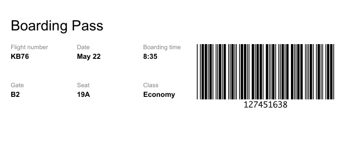 Telerik UI for Blazor Barcode Component, boarding pass with flight info and barcode