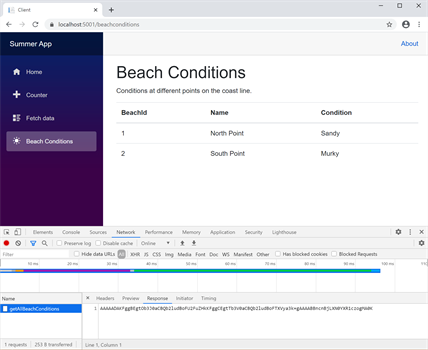 Beach Conditions page with gRPC binary data in Beach Conditions page with Network tab showing Binary Data