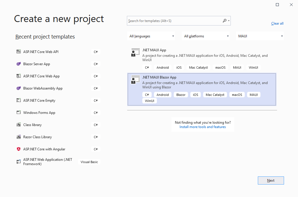 Blazor MAUI Template in the 'Create a new project' screen.