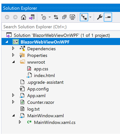 Solution Explorer shows Solution 'BlazorWebViewOnWPF' project. We're looking at the menu with BlazorWebViewOnWPF expanded to show dependencies, properties, wwwroot, etc.