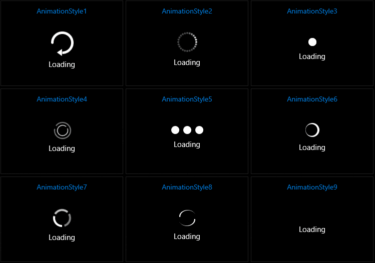Demonstrating the nine BusyIndicator Built-In AnimationStyles in a grid