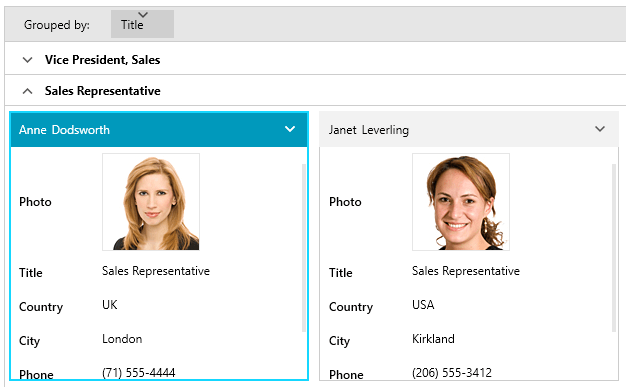 CardView shows two cards of two employees, Anne Dodsworth and Janet Leverling. The cards have a photo, title, country, city, phone. They are shown being grouped by title - sales representative.