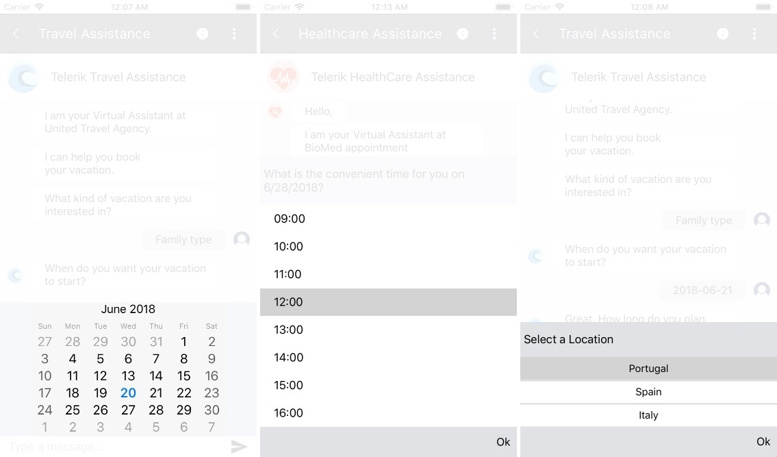 An image demonstrating some of the RadChat built-in pickers.