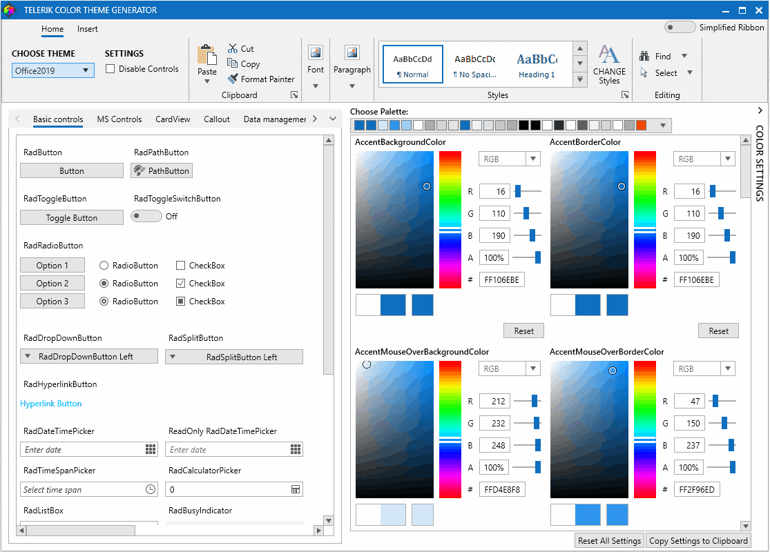 Telerik Color Theme Generator. Material theme is chosen, which has a badge reading UDP, indicating it has been recently updated, and the window changes to this theme. The new palette section shows boxes of colors, and which palettes are new or updated. A dark palette is chosen, flipping the window to preview it.