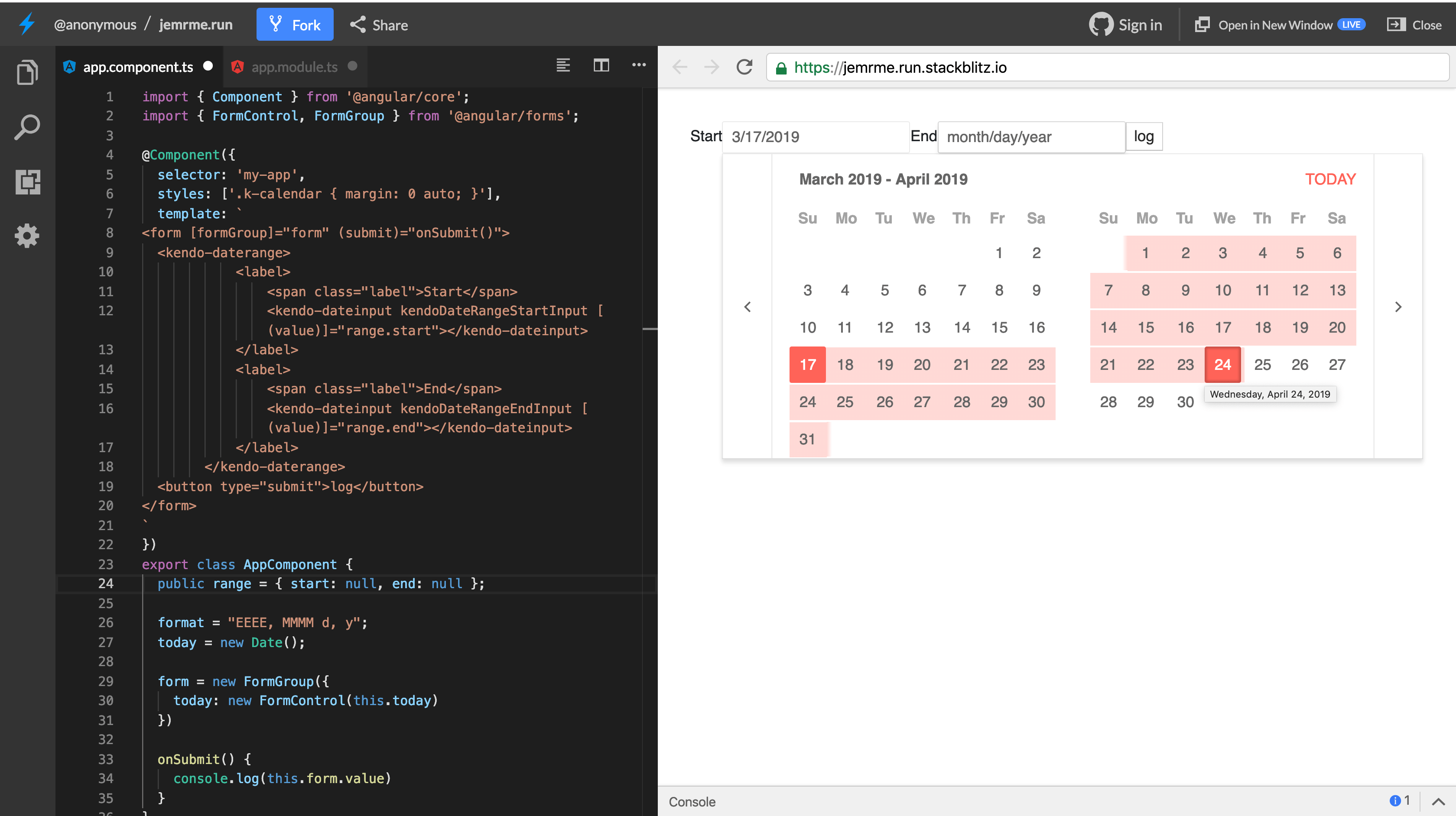 Select Dates in Angular Forms using Kendo UI Date Components