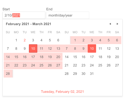 Telerik UI for ASP.NET MVC DateRangePicker - Selection