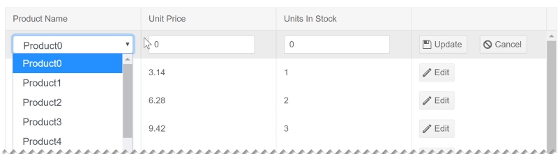 Telerik UI for Blazor data Grid in edit mode with drop down list editing the first field