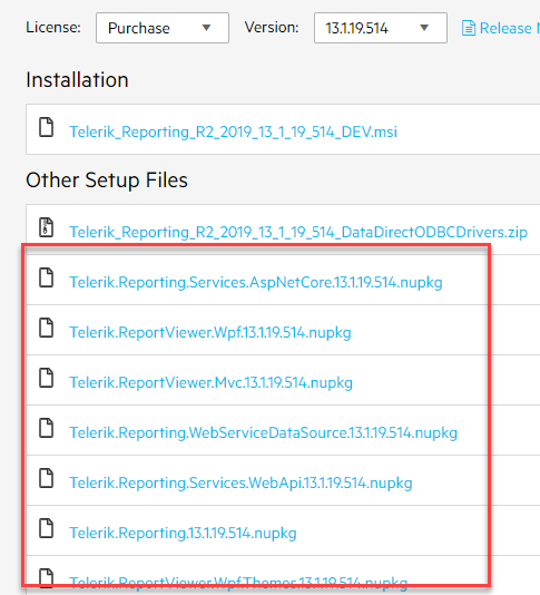 Telerik Reporting NuGet package files