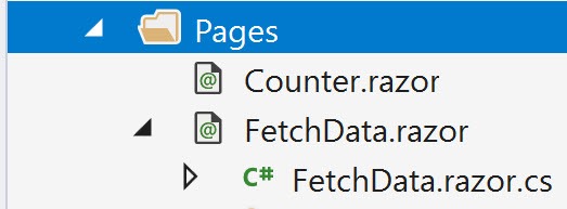 Figure 3 Visual Studio nests files with the same name and suffix with the .razor.cs pattern.