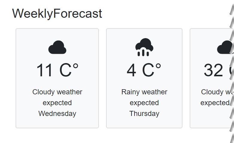 The weekly weather page shows a repeated weather forecast card with five static elements across the page.