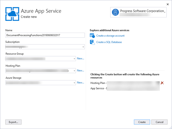 Publish To Azure Dialog