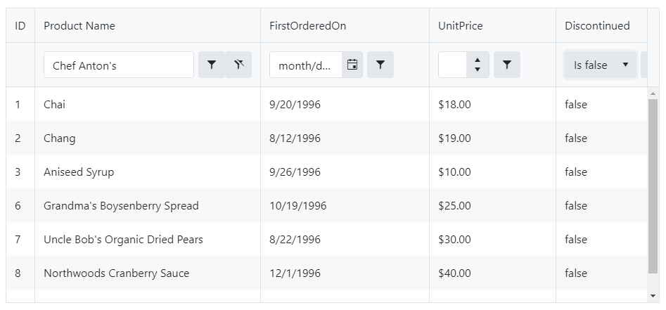 React Grid Filtering React Grid Filtering