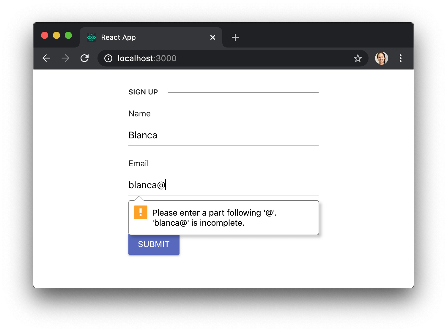 React Form: Email field validation