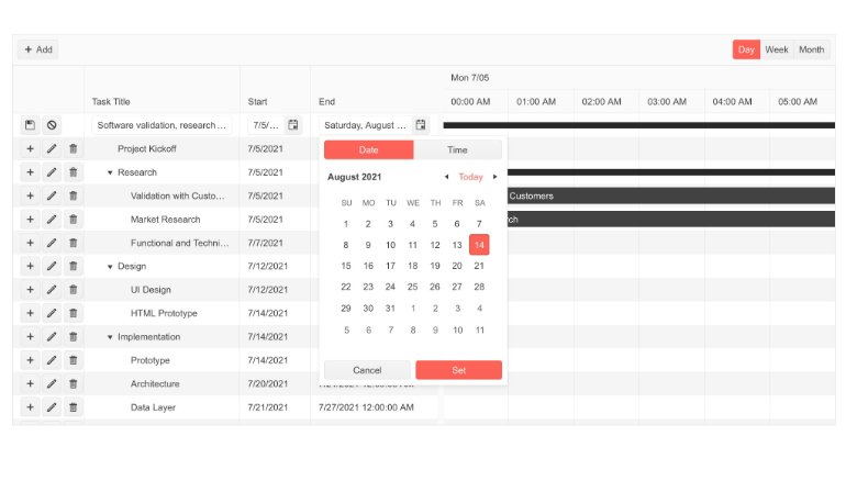 Telerik UI for Blazor Gantt Component - Custom Date Time Editor