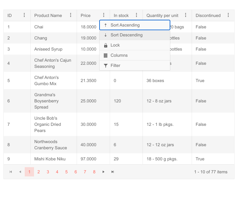 Telerik UI for Blazor Grid Column Menu