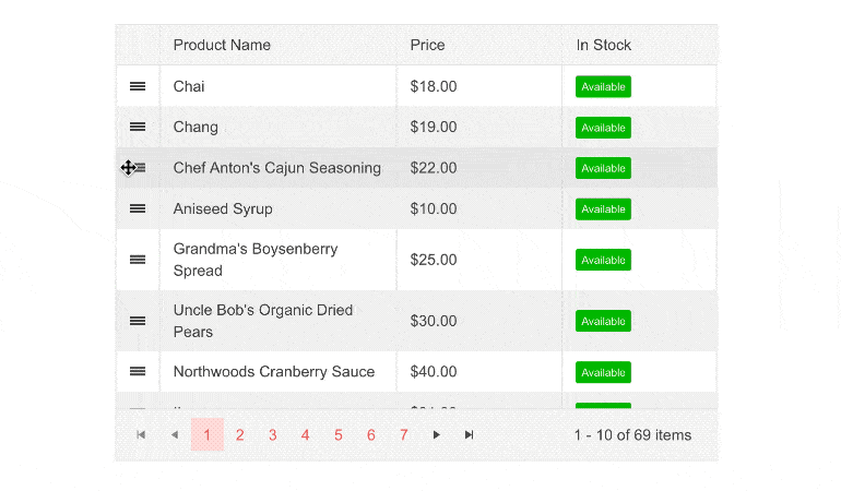 A product row is reordered with a drag and drop