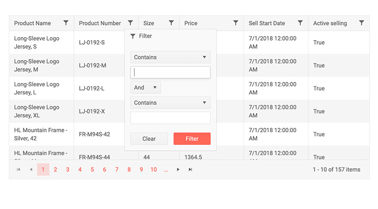 Telerik UI的Blazor网格过滤菜单