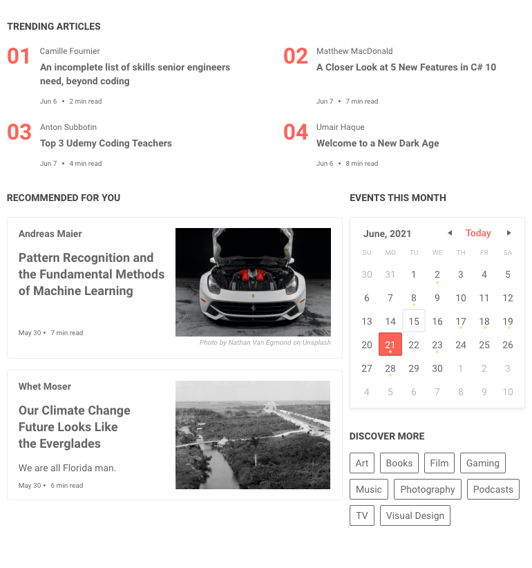 Telerik UI for Blazor GridLayout UI Component shows a 2x2 grid of trending articles on top, then two stacked 'recommended for you' articles beside a stacked 'events of this month' calendar and 'discover more' tags.