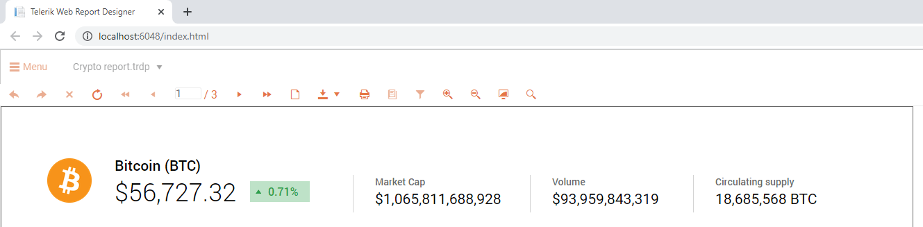 header Bitcoin shows $56,727, up .71%. Market cap, Valume, Circulating supply are also shown.