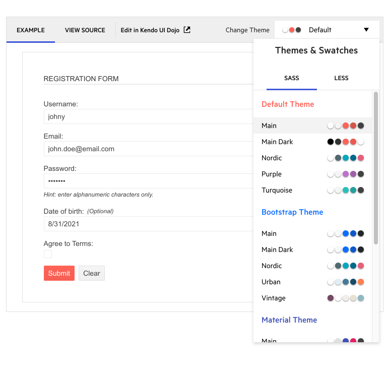 Improved Themes and Swatches in Telerik demos! Shows themes with their swatch options.