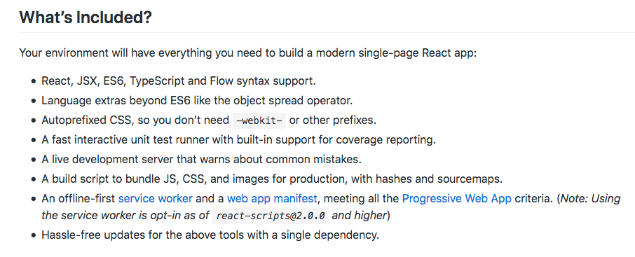 A list of features of Create React App