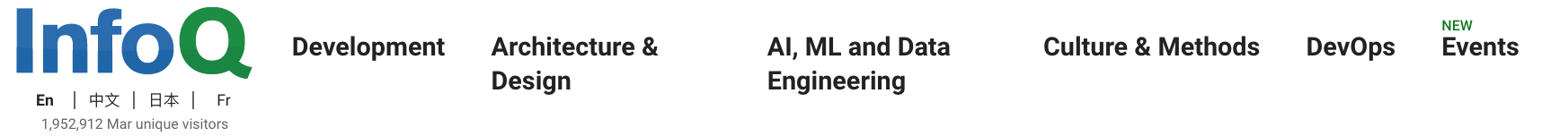 InfoQ header - includes development, architecture & design, AI,ML, and date engineering, Culture & Methods, DevOps, and events