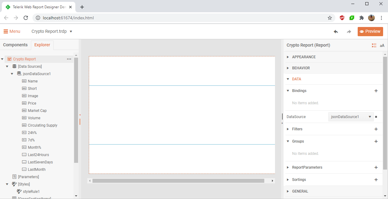 Telerik Web Report Designer. Crypto Report. Json DataSource