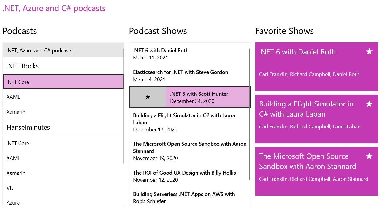 .NET, Azure and C# podcasts. Three lists: podcasts, podcast shows, favorite shows.