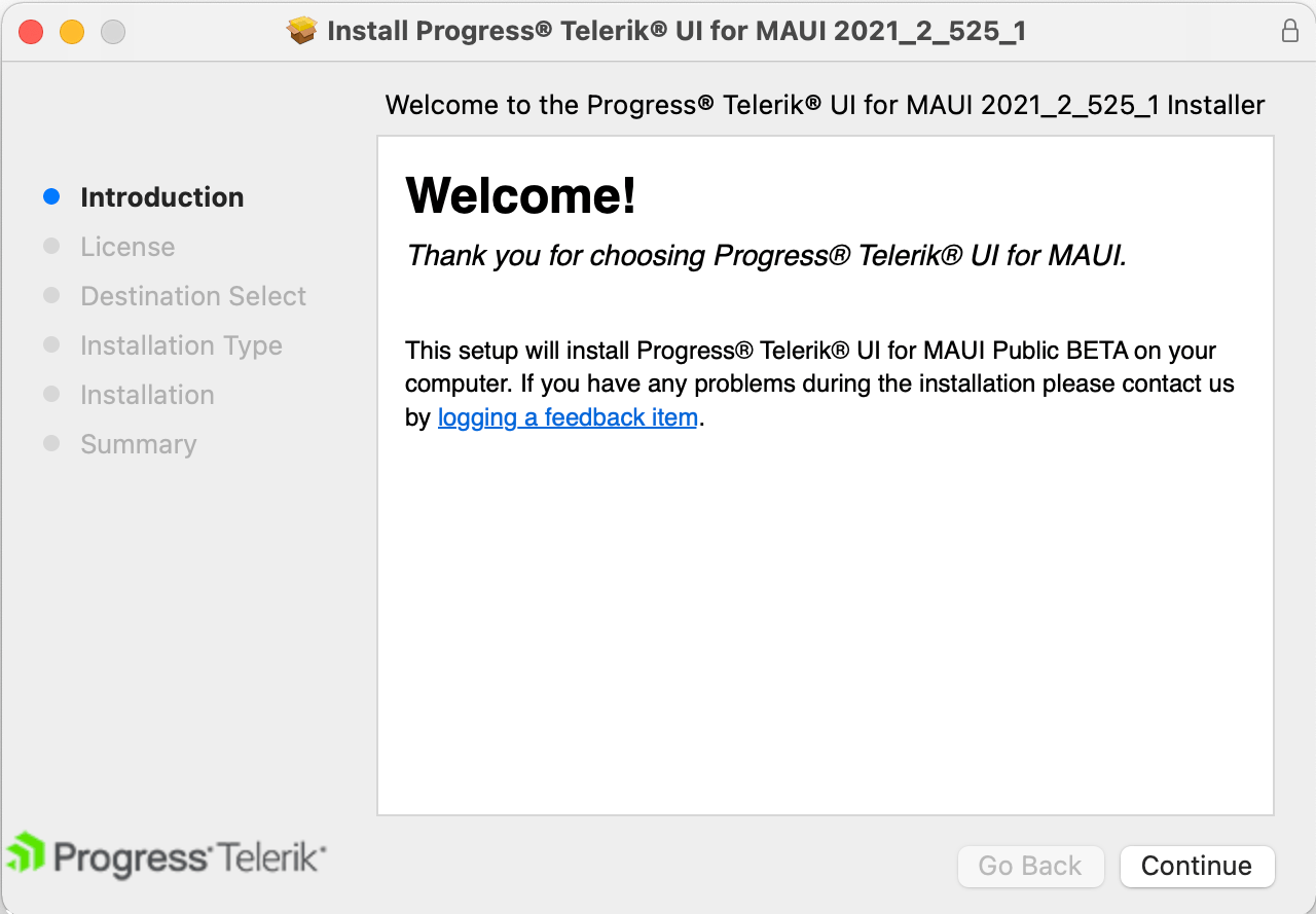 Mac Installer - Install Progress Telerik UI for MAUI. Introduction screen.