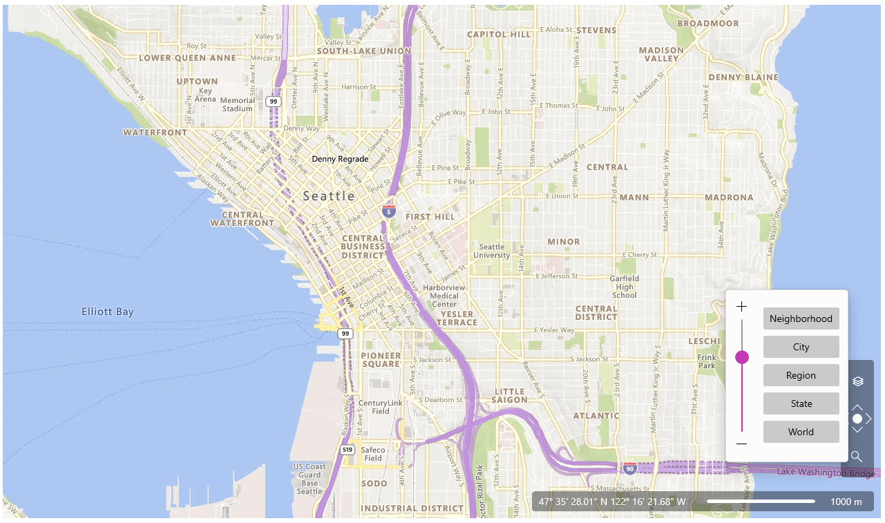 Map of Seattle with zoom levels of Neighborhood, City, Region, State, World