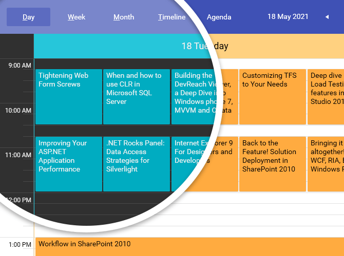 Material theme in light mode is shown with a bubble revealing the differences in Dark variation. Light mode has a white background, vibrant oranges and purples. Dark mode has a dark gray background with more muted purples and teals.