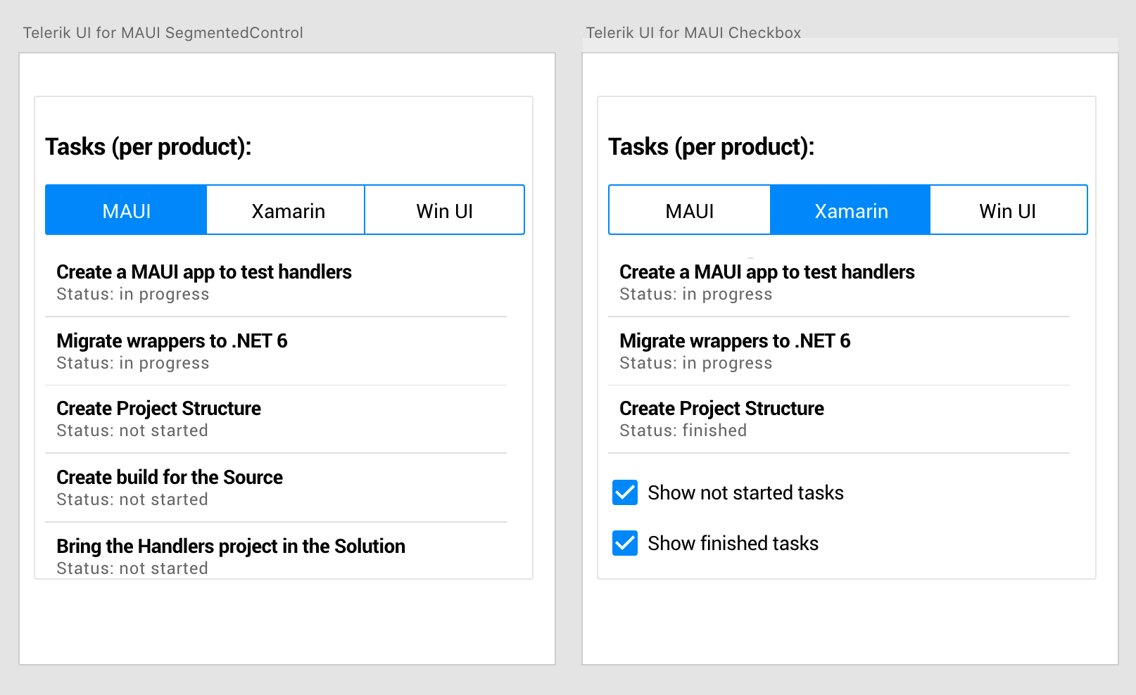 In Telerik UI for MAUI SegmentedControl, under tasks per product, with MAUI selected, lists Create a MAUI app to test handlers, migrate wrapers to .NET 6, Create Project Structure, Create build for the source, bring the handlers project in the solution. Telerik UI for MAUI Checkbox under Xamarin lists create a MAUI app to test handlers, migrate wrappers to .NET 6, create project structure, and then shows two checkboxes for show not started tasks and show finished tasks, with both checked.