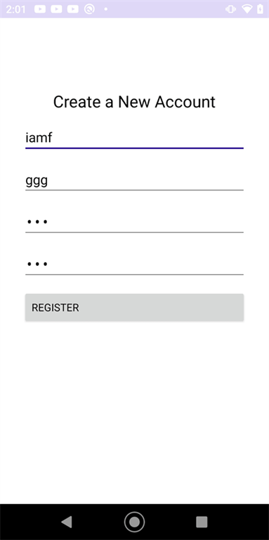 MauiGettingStarted: A Create a New Account screen with four blanks and a Register button