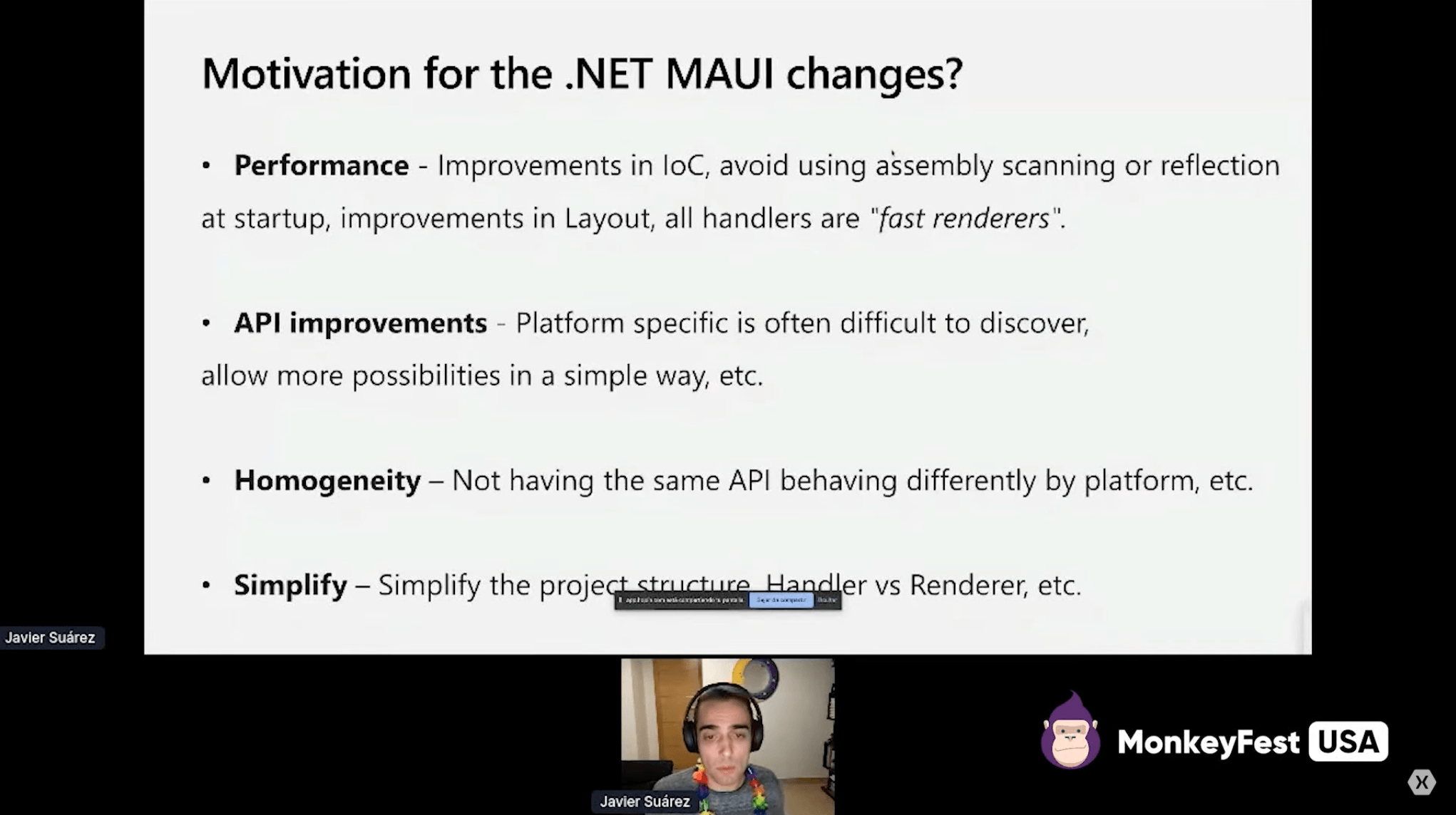 Screenshot of MokeyFest presentation by Javier Suárez, on a slide about motivation for .NET MAUI changes.