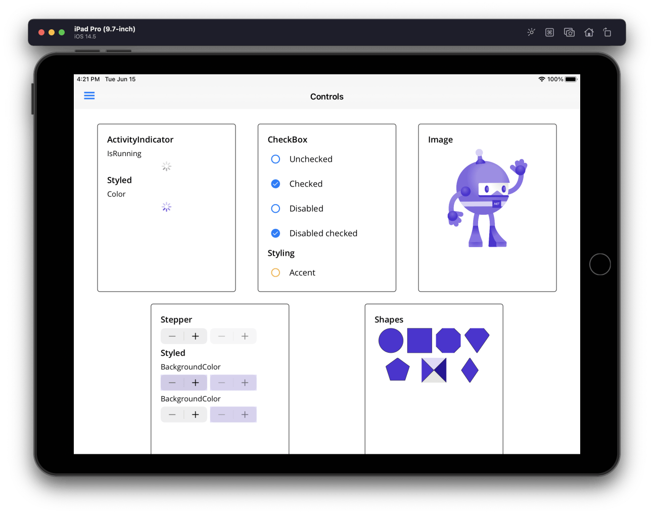 Maui Preview 5 controls: ActivityIndicator, CheckBox, Image, Stepper, Shapes.