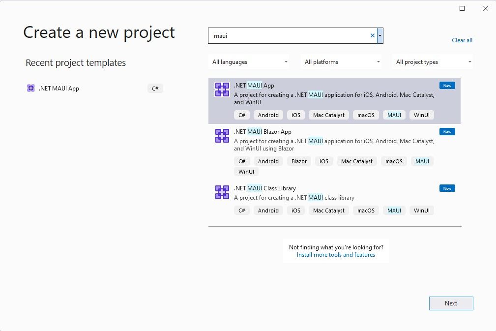 Maui Templates include .NET MAUI App, .NET MAUI Blazor App and .NET MAUI Class Library