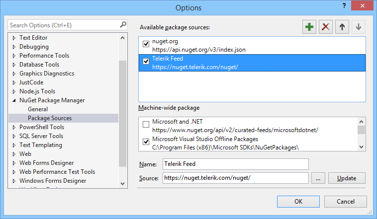 Tools -> NuGet Package Manager -> Package Manager Settings