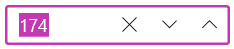 A white box with a fuchsia border shows the number 174 highlighted in fuchsia. Controls to the right are an X, down arrow head, up arrow head.