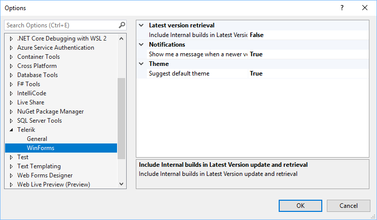 Window for Options has the menu set to Telerik > WinForms. The options are set: Latest version retrieval > False; Notifications > True; Theme (Suggest Default theme) > True.