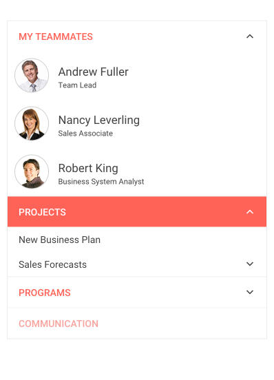Telerik UI for Blazor PanelBar Component shown with a list. My Teammates has been expanded and show three people with name, title and photo. Projects has been expanded to show New Business Plan and then Sales Forecasts, which has an arrow option to be expanded. Programs is another item not expanded.