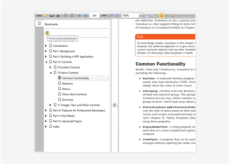 Telerik UI for WPF - PDFViewer - Bookmarks Image