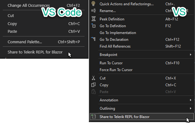 The share context menu in VS Code and VS