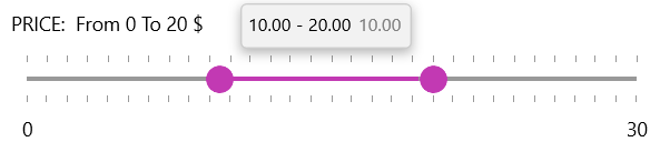 RangeSlider shows a slider bar labeled 'Price: from 0 to 20'. A range is selected for 10 to 20.