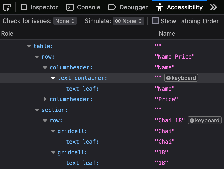 React table component as seen in accessibility tree view