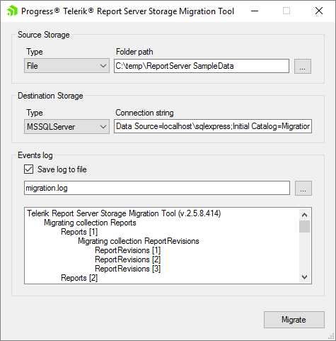 Telerik Report Server Migration Tool WinForms UI